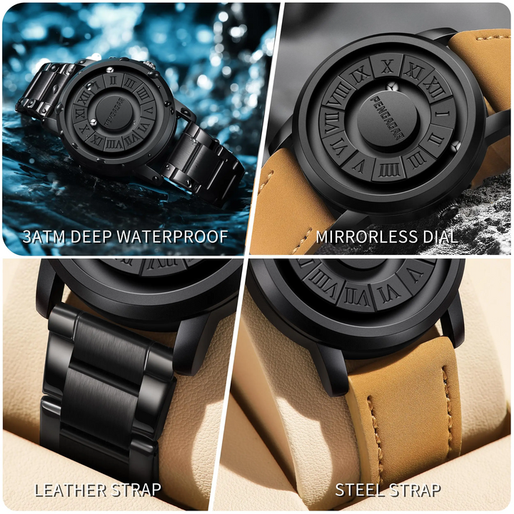 Sleek brown unisex watch with a magnetic display, minimalist aesthetic, and classic Roman numerals. Modern & elegant.