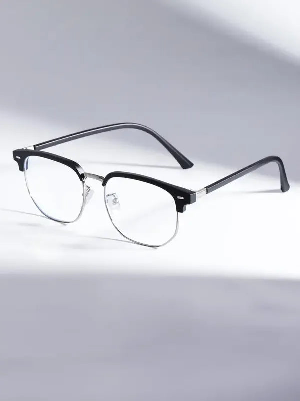 Minimalist unisex blue light blocking glasses, clear lens eye protection. Elegant design, acetate & stainless steel.