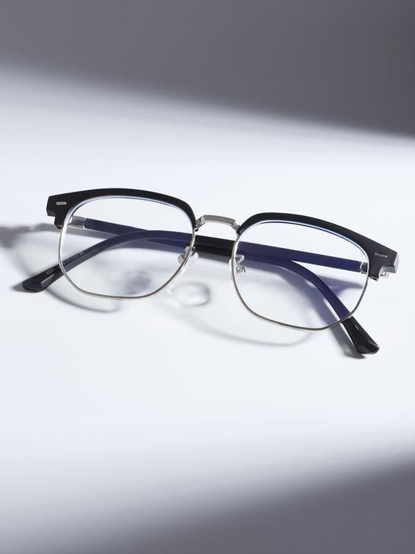Close-up of minimalist unisex blue light blocking glasses; stylish acetate frame, ideal for digital screen protection.