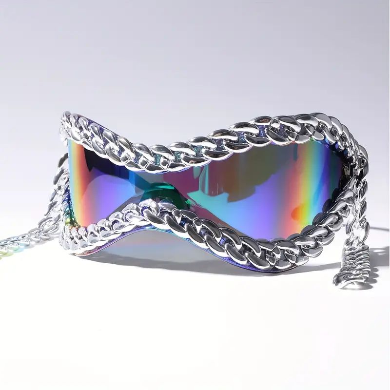 Unisex mirrored sunglasses with unique chain accents. Bold fashion eyewear perfect as a statement accessory.