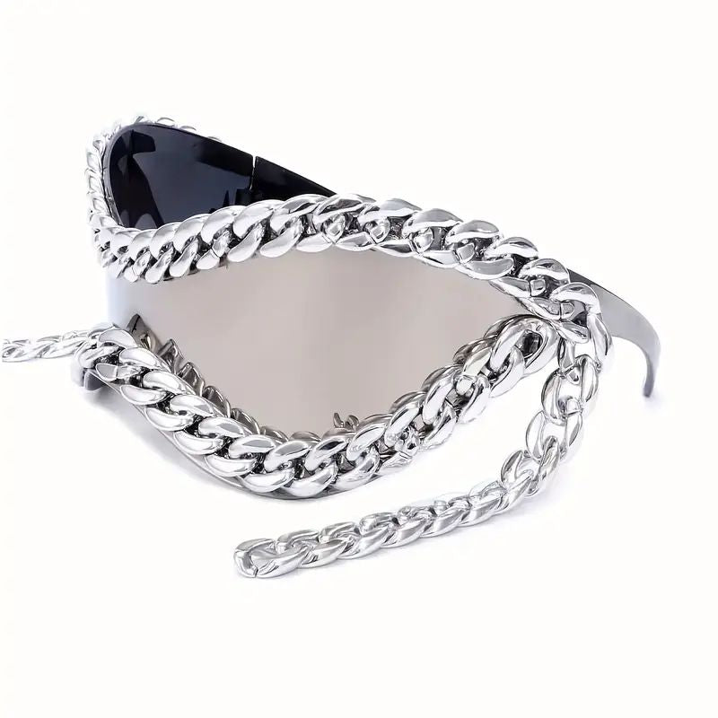 Mirrored unisex sunglasses with striking chain accents. Elevate your style with these bold fashion shades.