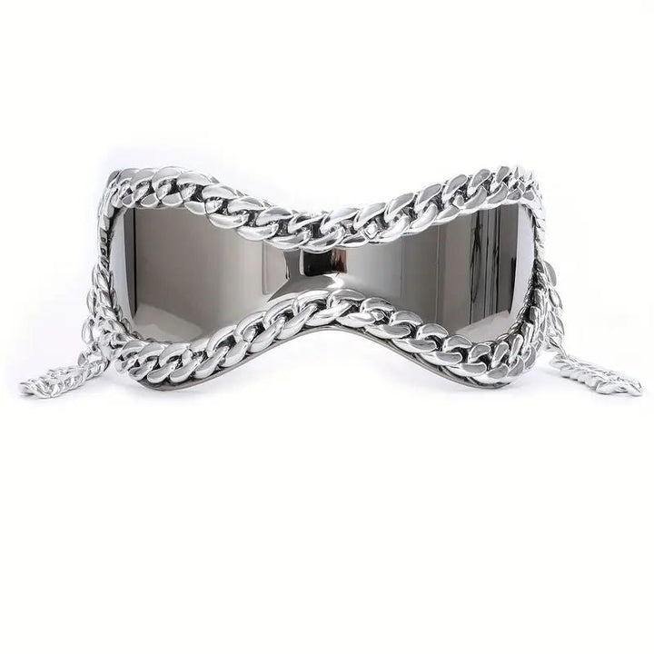Fashion-forward unisex mirrored sunglasses with chain detail. Wrap-around design offers a bold, statement look.