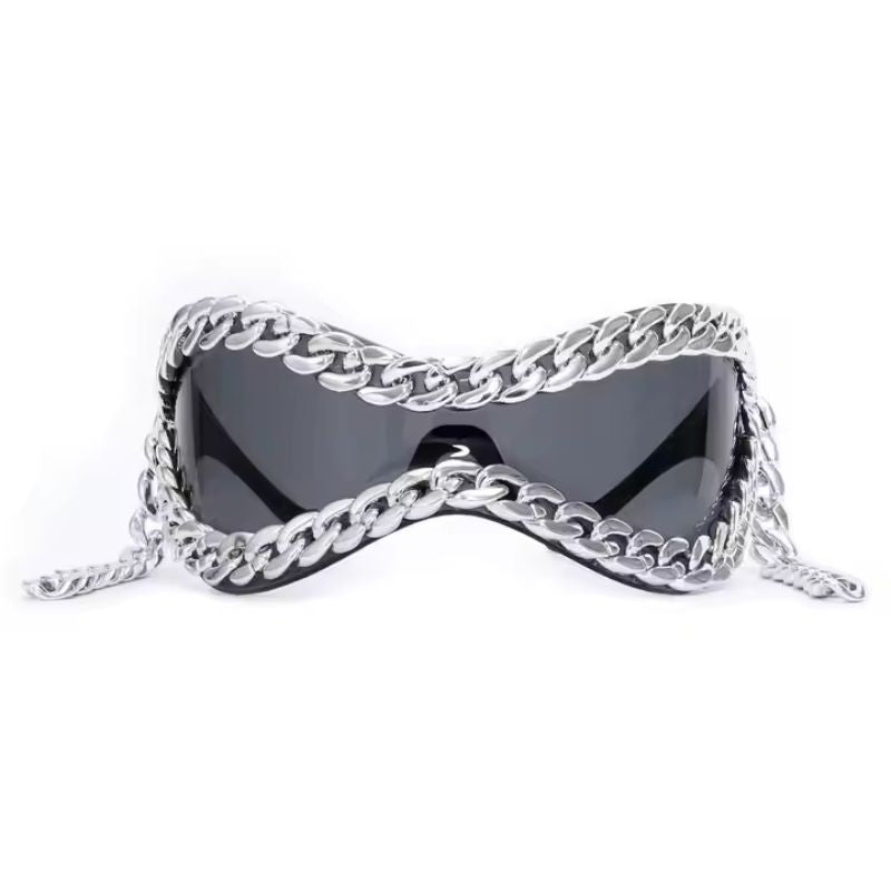 Bold unisex mirrored sunglasses with elegant chain accents. A trendy, statement accessory for contemporary fashion.