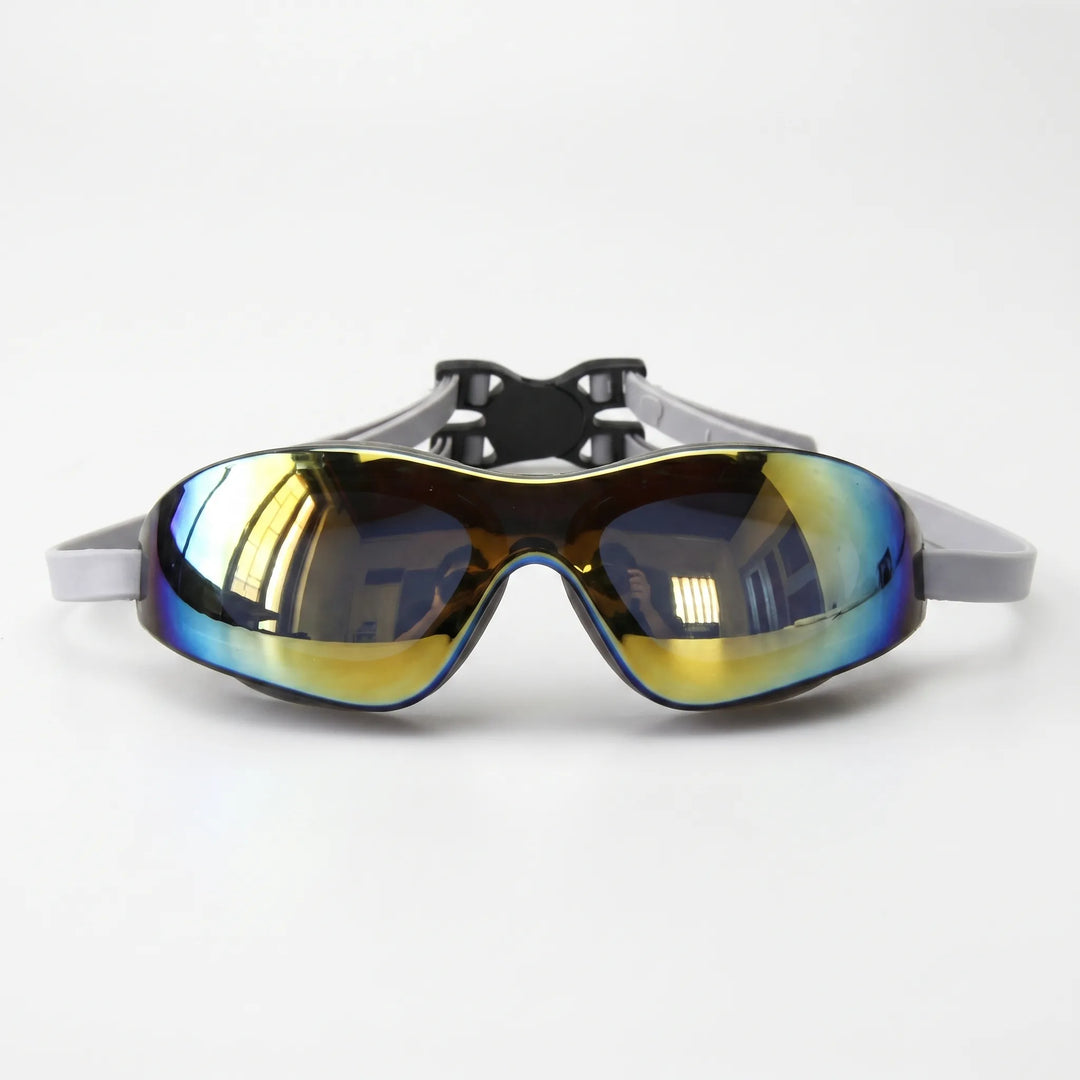 Comfortable unisex swimming goggles with mirrored lenses and soft silicone seal for aquatic sports.