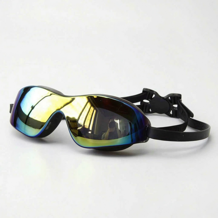 Mirrored unisex swimming goggles, perfect anti-glare swim gear for bright outdoor pools and beach use.