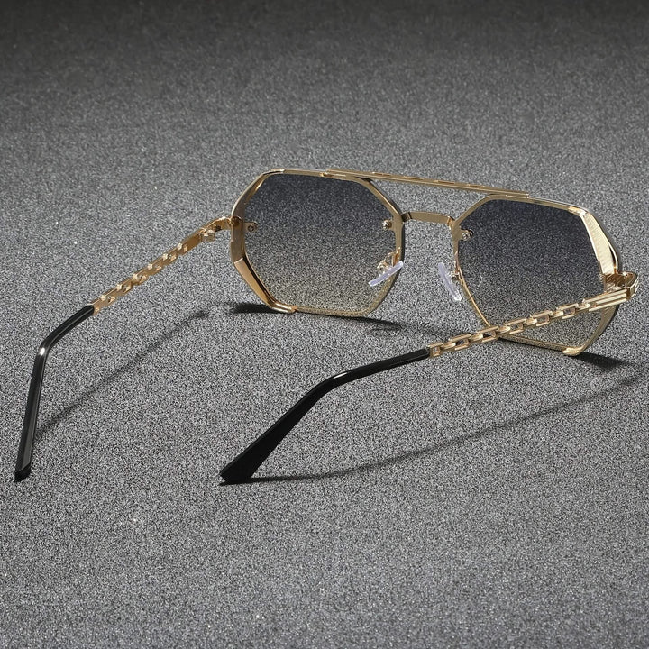 Stylish geometric metal frame sunglasses, unisex, offering full UV protection.