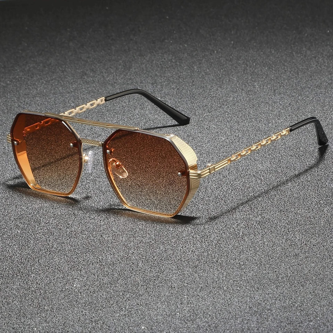 Retro-modern unisex geometric metal shades with anti-reflective UV protection lenses.