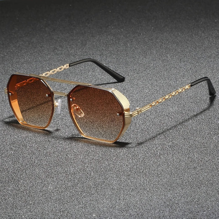 Retro-modern unisex geometric metal shades with anti-reflective UV protection lenses.