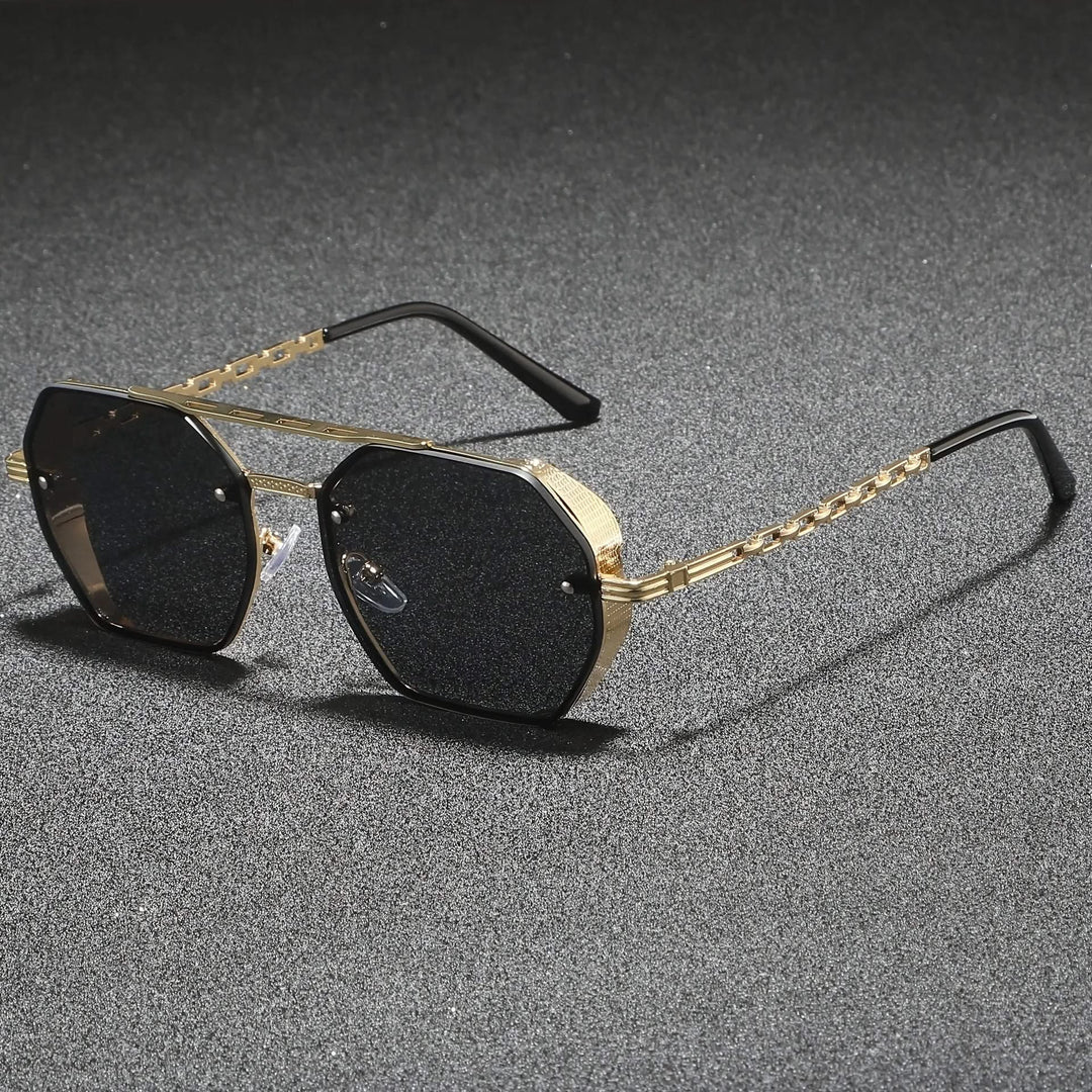Unisex geometric metal eyewear, sleek & modern, providing robust UV protection.