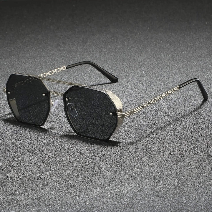 Durable metal frame geometric sunglasses, unisex, with UV protection for all-day wear.