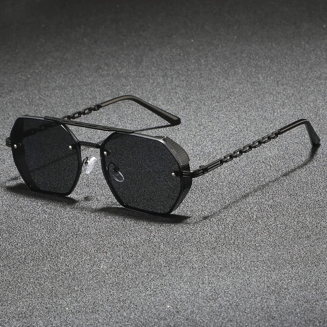 Chic geometric metal sunglasses, unisex, anti-reflective lenses, & UV protection for comfort.