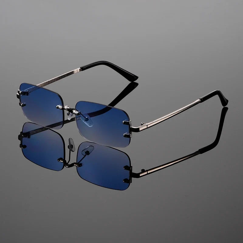 Unisex modern rectangular rimless sunglasses with UV400 protection, stylish eyewear for all.