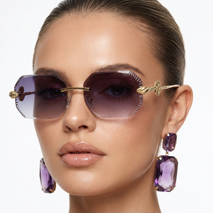 Stylish unisex frameless sunglasses with double tea lenses, offering a sleek and modern eyewear look.