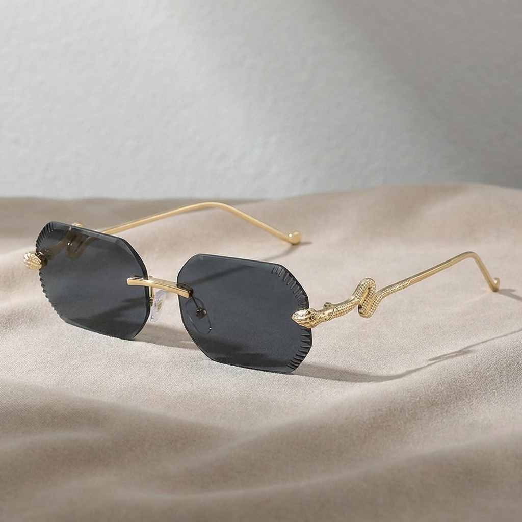 Close-up of a person wearing stylish unisex frameless sunglasses, showcasing modern and sleek eyewear.