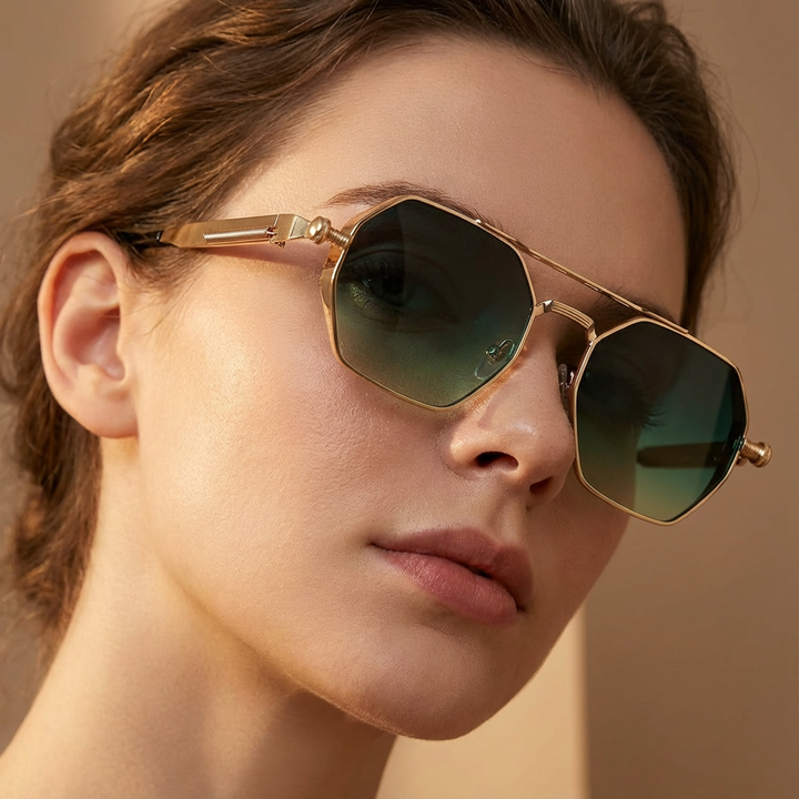 Unisex modern style sunglasses with sleek metal frame, gradient lenses, and UV400 protection. Fashion accessory.