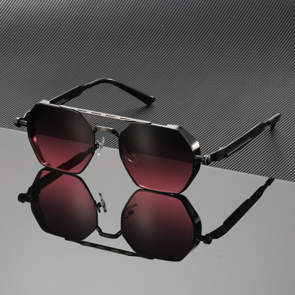 Lifestyle shot: person wearing unisex modern metal frame sunglasses with gradient UV400 lenses, a stylish accessory.