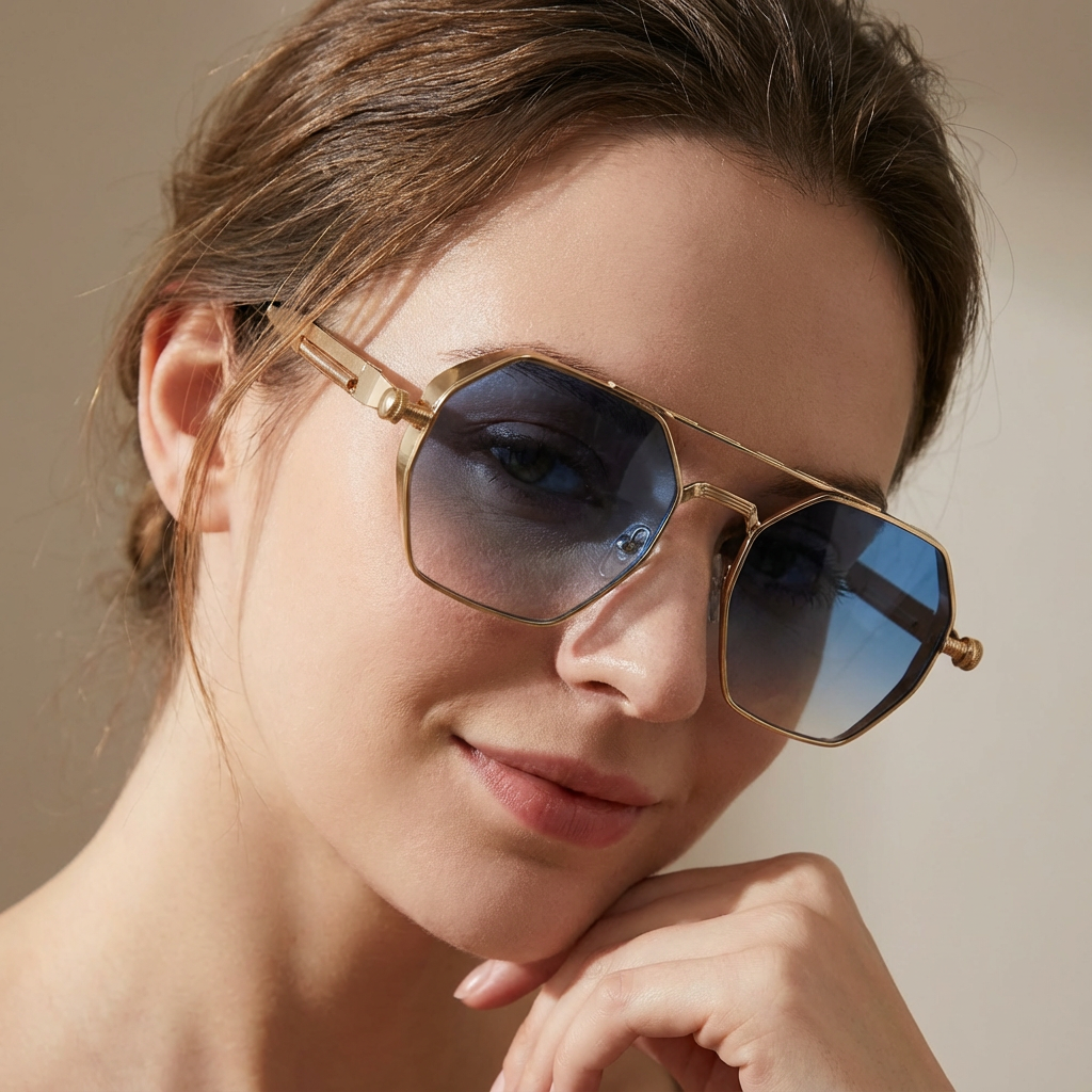 Close-up of modern unisex metal frame sunglasses, showcasing gradient lenses and UV400 sun protection.