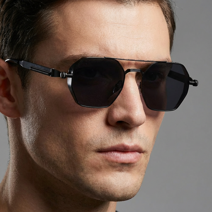 Accessory shot: contemporary unisex sunglasses with a shiny metal frame, gradient UV400 lenses, on display.