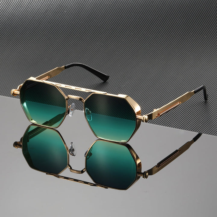 Detail view of modern style unisex sunglasses: polished metal frame and subtle gradient UV400 protective lenses.