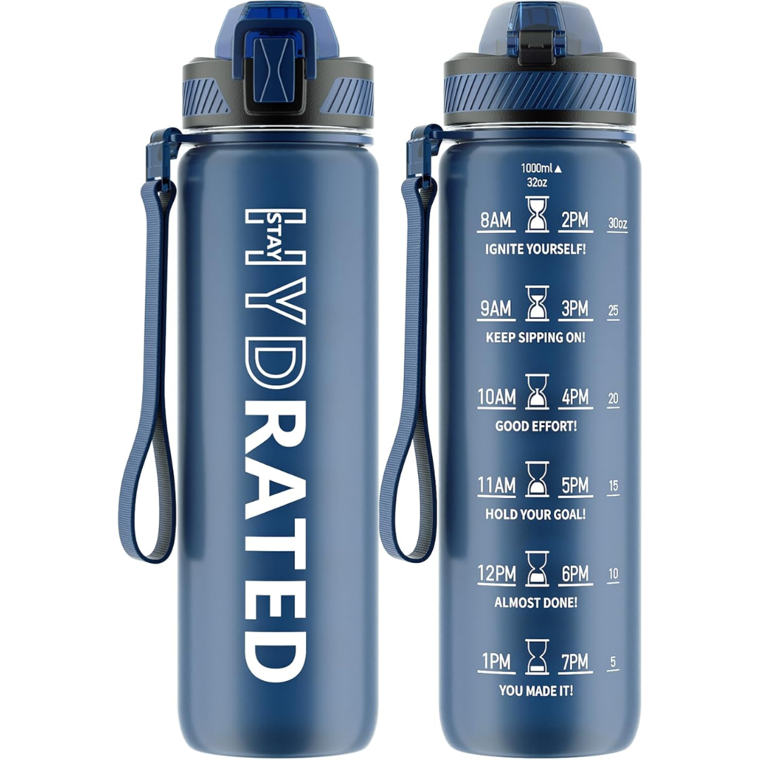 Fitness hydration bottle, leakproof with straw, BPA-free Tritan, encouraging messages.