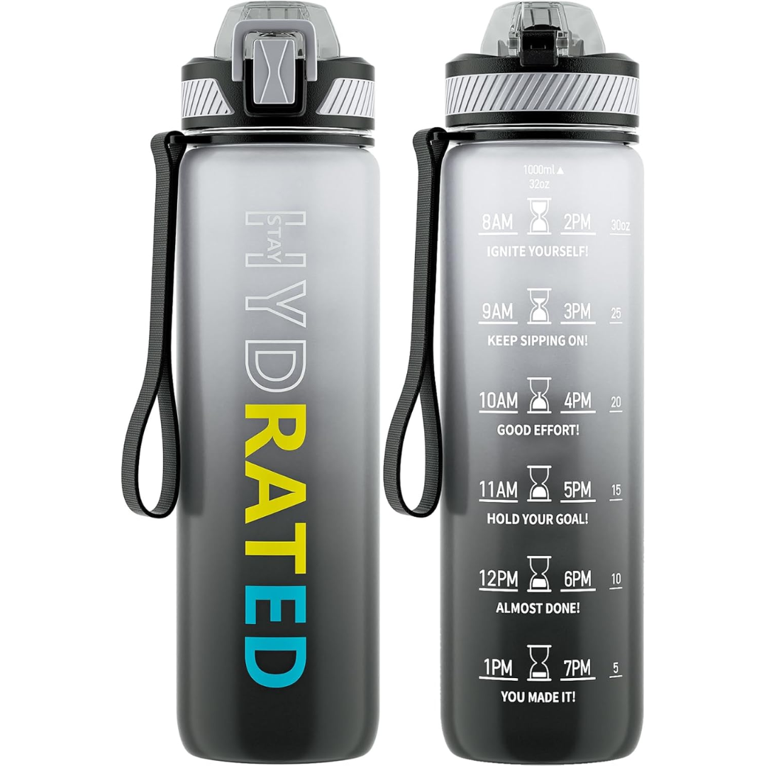 Durable Tritan sports water bottle with straw, motivational, reusable & 100% leakproof.