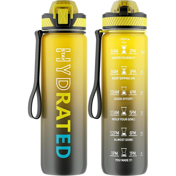 Portable motivational water bottle with straw, leakproof design for active lifestyles.