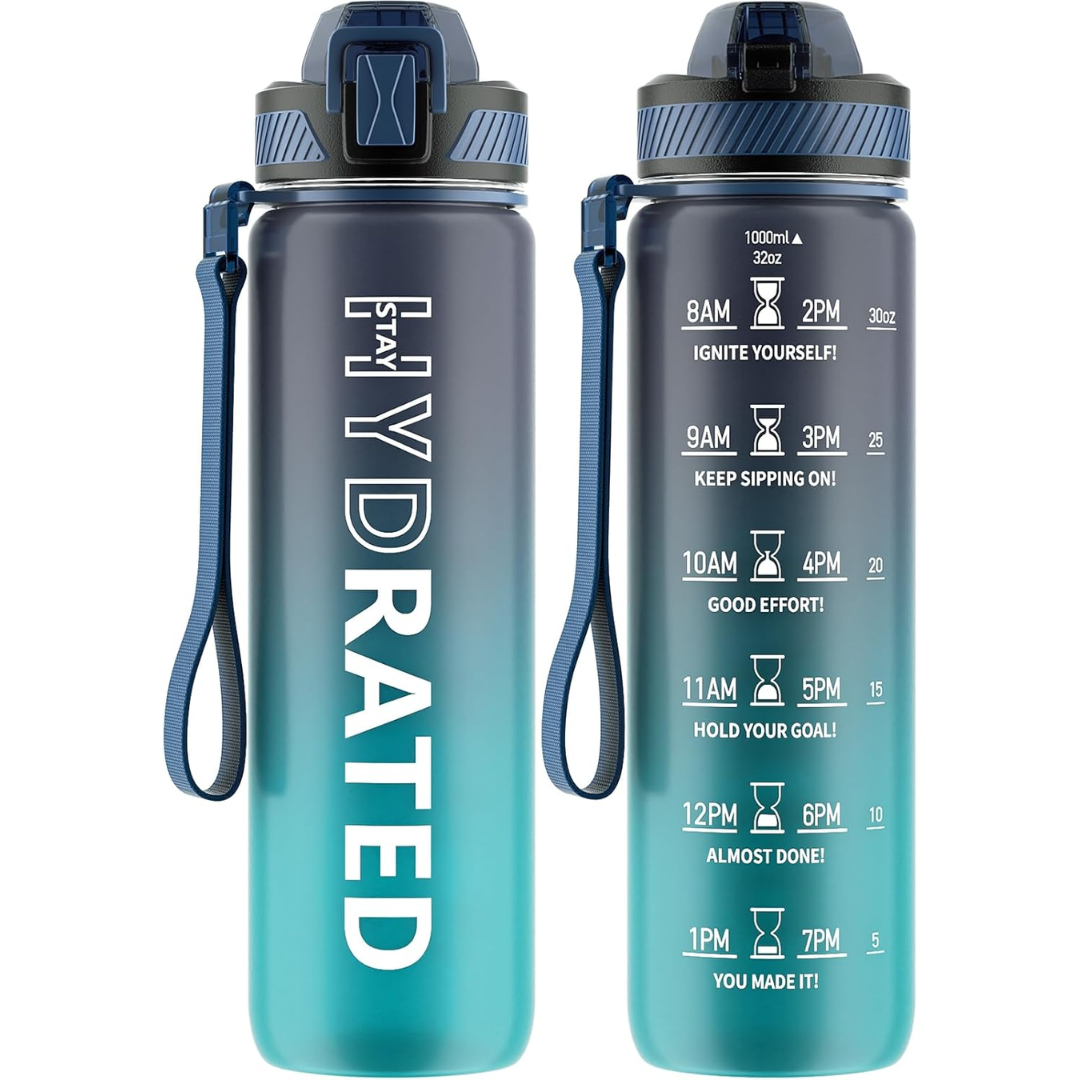 Eco-friendly reusable water bottle, Tritan, with straw, motivational messages & leakproof seal.