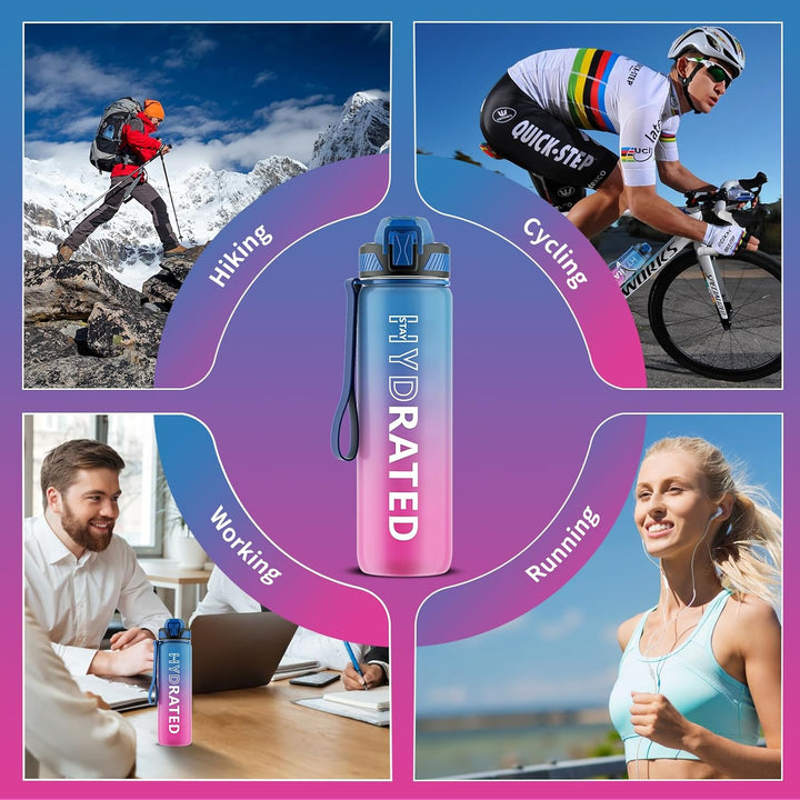 Fitness water bottle, 1L, with straw, motivational messages, & secure leakproof lid.