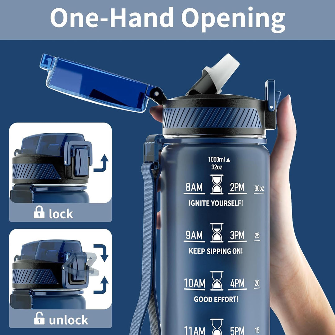 Ergonomic sports water bottle, leakproof, with convenient straw & time reminders for hydration.