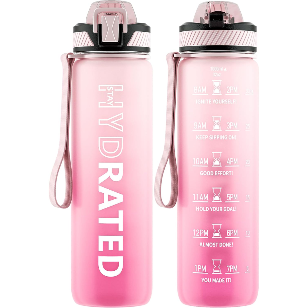 Clear motivational water bottle, 1L, with straw, leakproof lid & comfortable grip for active use.
