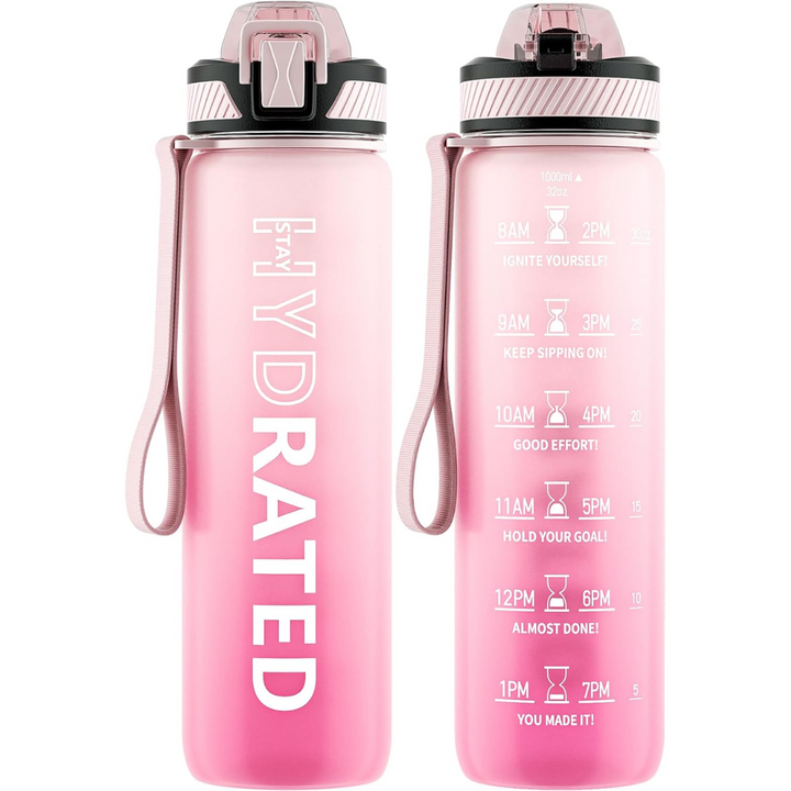 Clear motivational water bottle, 1L, with straw, leakproof lid & comfortable grip for active use.
