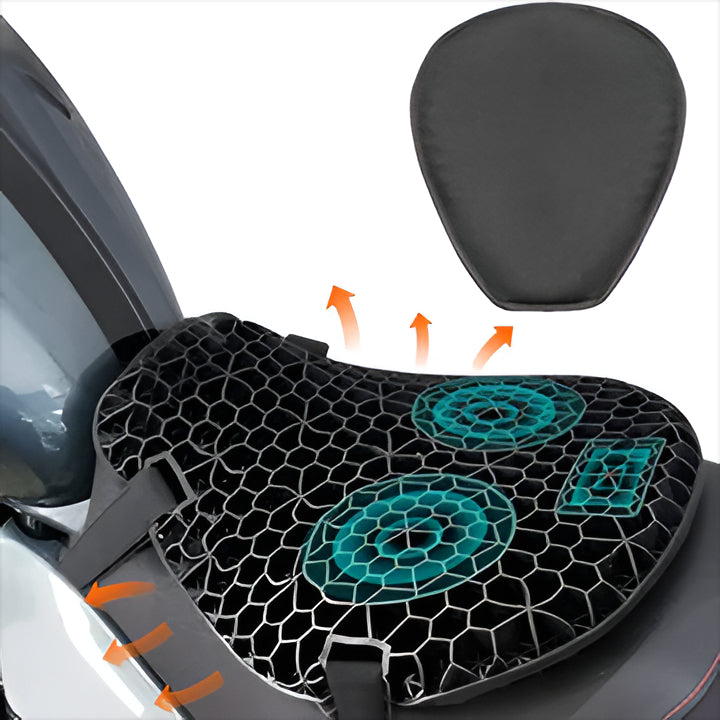 Ergonomic motorcycle gel seat pad, perfect for alleviating discomfort during long rides.