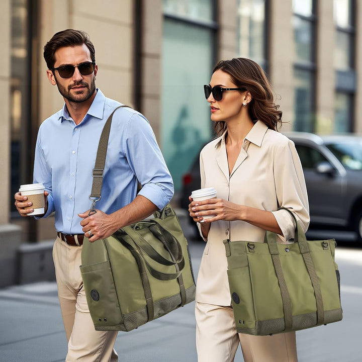Adjustable strap laptop tote bag for 15.6" devices. Unisex design, great for organized travel.