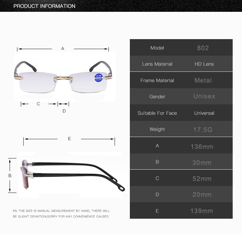 Modern silver multifocal reading glasses with anti-blue light, eye protection from digital strain.