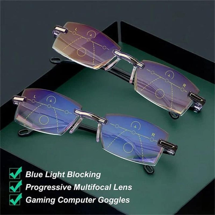 Stylish anti-glare multifocal readers, blue light blocking for men and women's vision care.