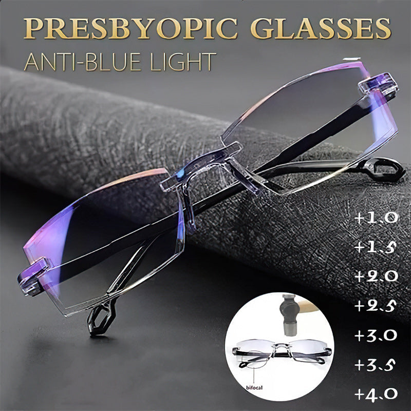Stylish gold unisex multifocal reading glasses with blue light filter & anti-glare for clear vision.