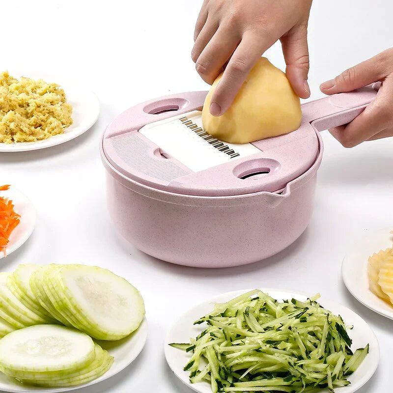 Versatile kitchen tool: Multifunctional food chopper & vegetable slicer with blades for dicing, grating, shredding.