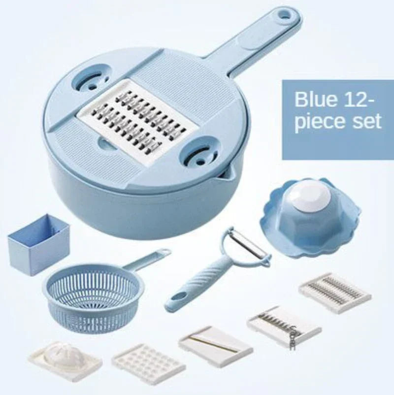 Multifunctional vegetable slicer & chopper with interchangeable blades for dicing, shredding, grating produce.