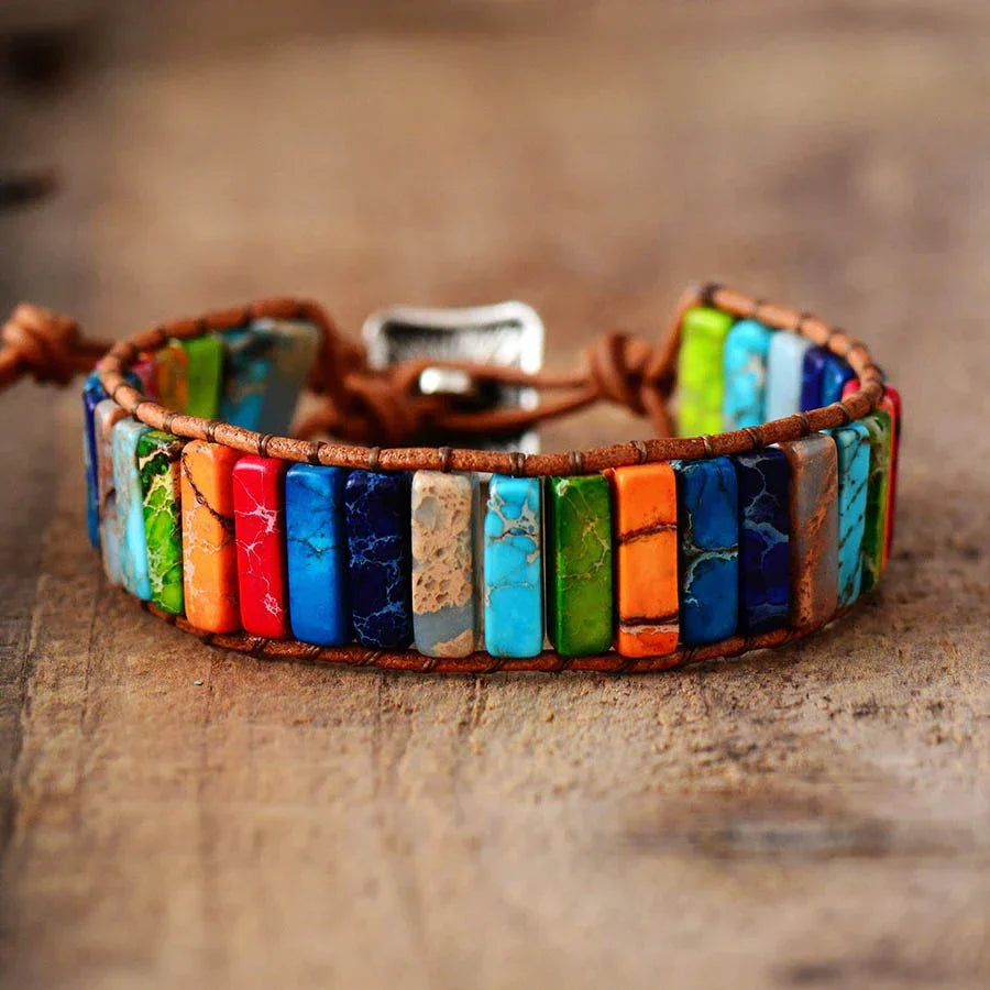 Vibrant Rainbow Jasper beads in a unisex Mystic Journey bracelet. Authentic Tibetan spiritual healing jewelry.