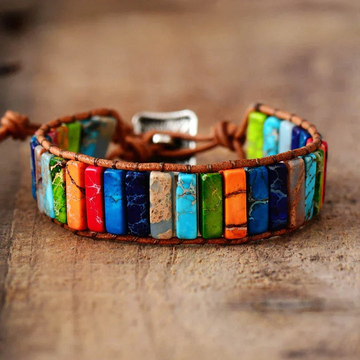 Vibrant Rainbow Jasper beads in a unisex Mystic Journey bracelet. Authentic Tibetan spiritual healing jewelry.
