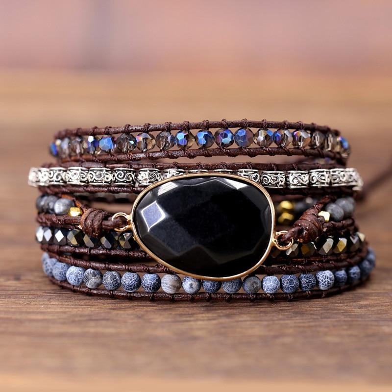 Unisex natural black onyx wrap bracelet, 5-wrap design, handmade, boho chic spiritual jewelry.
