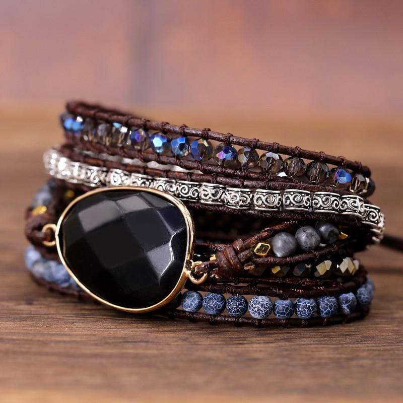 Black onyx 5-wrap bracelet for men & women, strength talisman, protective stone, meditation accessory.