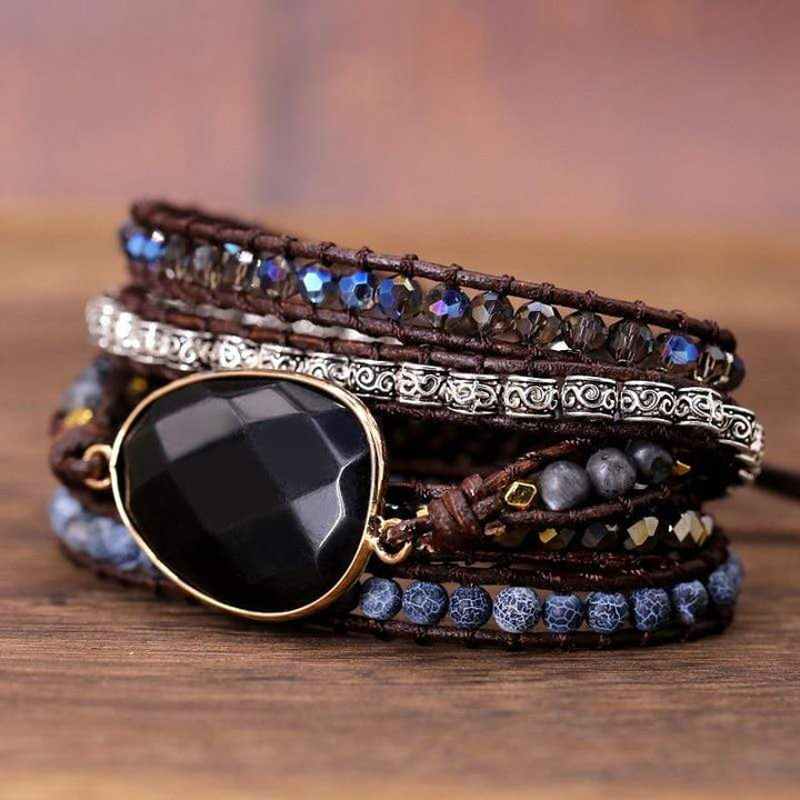 Black onyx 5-wrap bracelet for men & women, strength talisman, protective stone, meditation accessory.