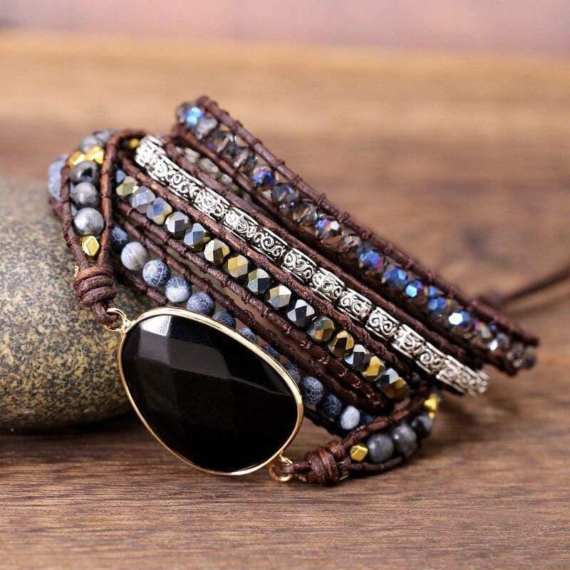 Handmade unisex black onyx wrap bracelet, natural gemstone, bohemian style, spiritual protection.
