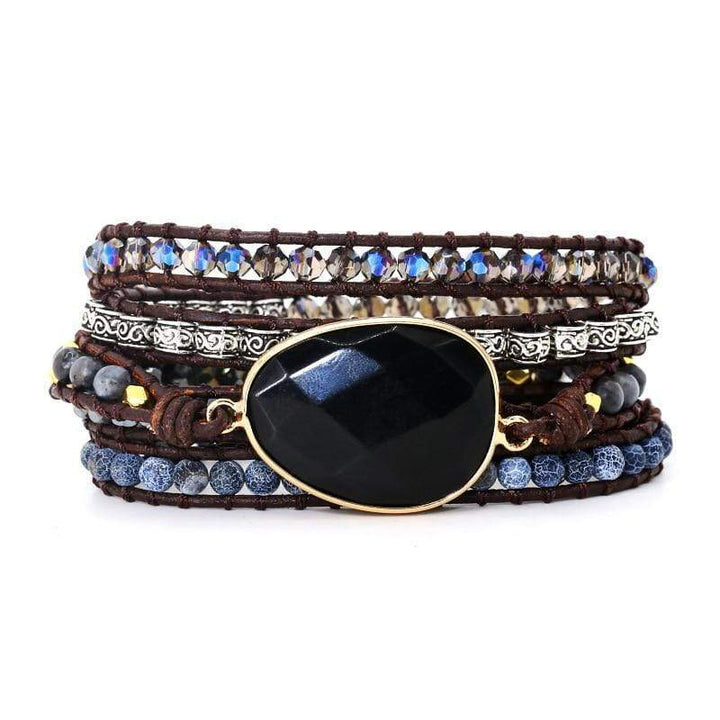 Multi-wrap black onyx bracelet, unisex design, protective stone, handcrafted, perfect for spiritual wear.