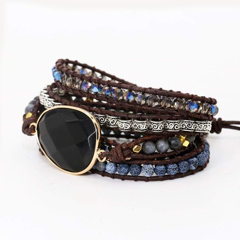Natural black onyx 5-wrap bracelet, unisex spiritual jewelry, strength talisman, meditation, boho style.