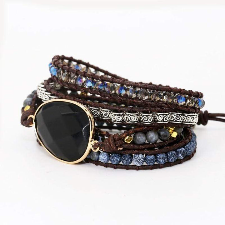 Natural black onyx 5-wrap bracelet, unisex spiritual jewelry, strength talisman, meditation, boho style.