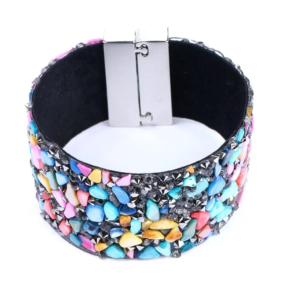 Textured natural stone & smooth crystal beads intertwined on a sturdy leather unisex bracelet.
