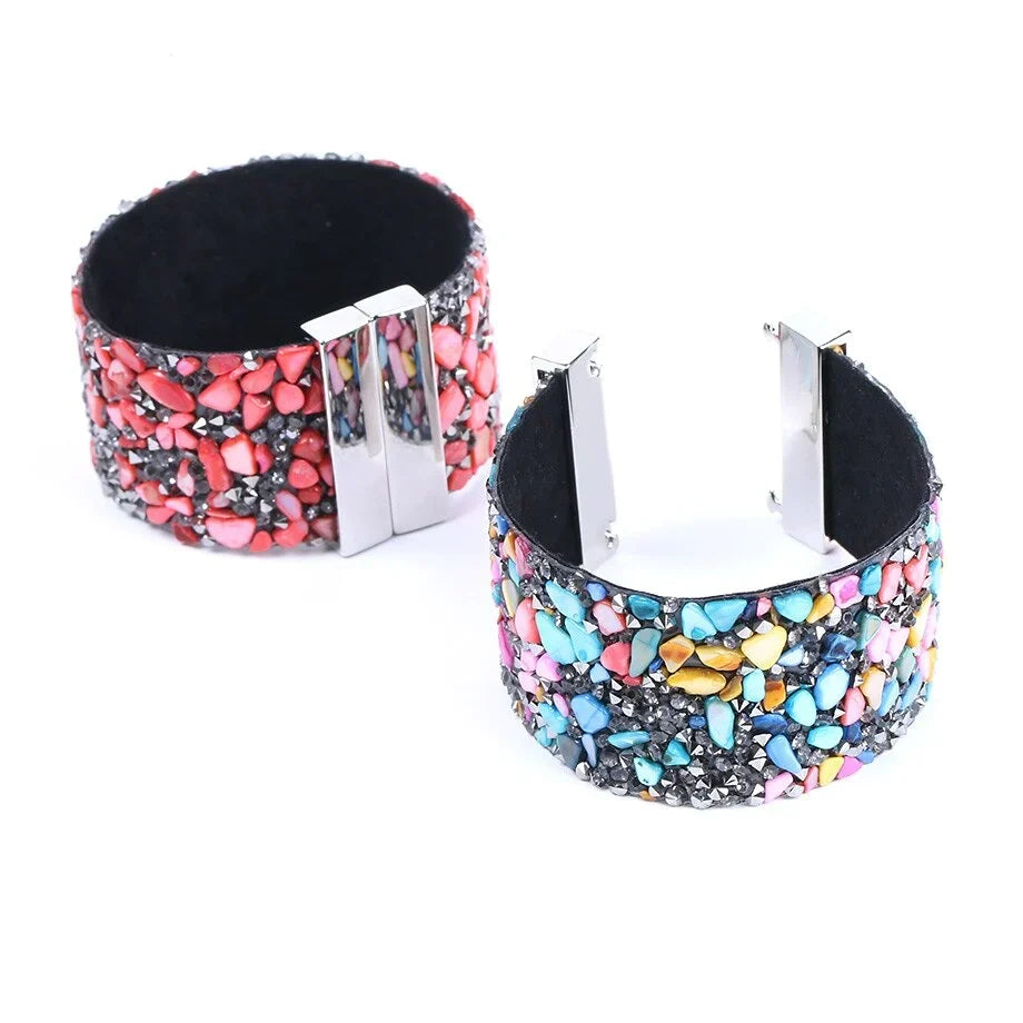 Natural stone crystal leather bracelet, adjustable. Unisex boho jewelry, ideal for men & women.