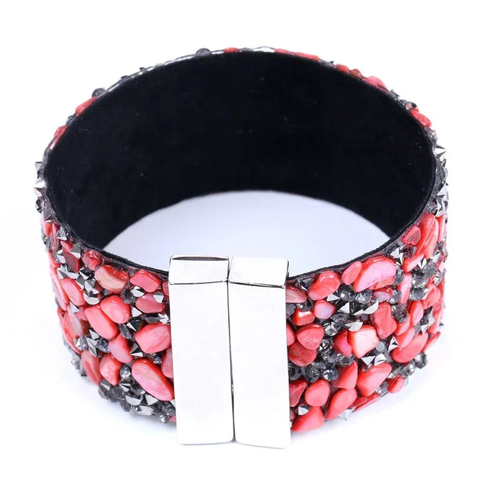 Healing crystals & natural stones on an adjustable leather bracelet. Unisex fashion accessory.
